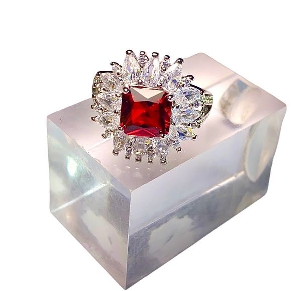 Garnet & CZ Gemstone Ring of 925 Sterling Silver Overlay (8.5) - Picture 2 of 10